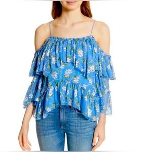 Alice and Olivia Tia Silk Blend‎ Floral Cold Shoulder Ruffle Top - XS